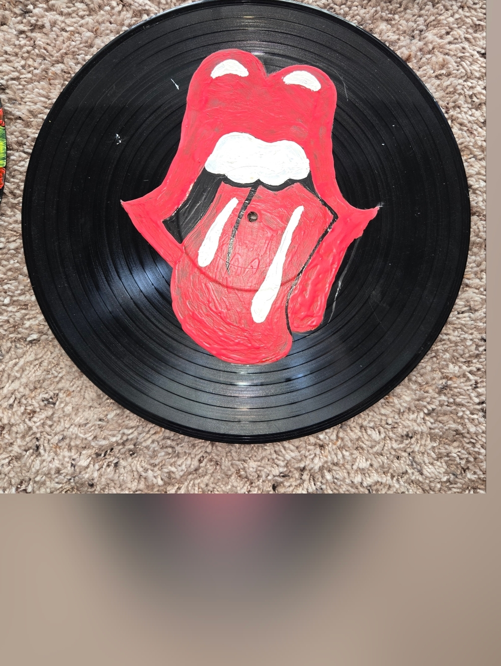 Painted Vinyl Record with Red and White Tongue Graphic
